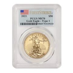 2021 $50 Gold Eagle T1 PCGS MS70 FS Flag Obverse