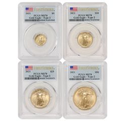 Set of 4 2021 Gold Eagles T2 PCGS MS70 FS Flag Obverse