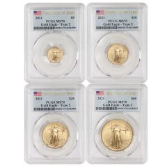 Set of 4 2021 Gold Eagles T2 PCGS MS70 FDOI Flag Obverse