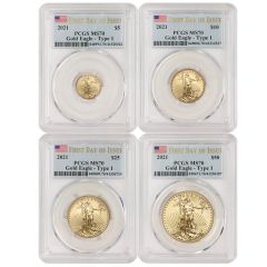 Set of 4 2021 Gold Eagles T1 PCGS MS70 FDOI Flag Label  Obverse
