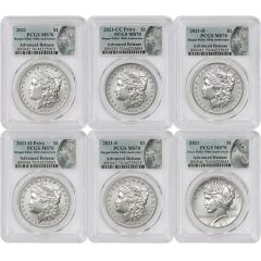 Set of 6 2021 Silver Morgan & Peace Dollars PCGS MS70 Advanced Release w/OGP Obverse