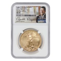2021 $50 Gold Eagle T1 NGC MS70 FDOI Reagan Label Obverse