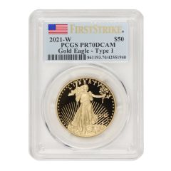 2021-W $50 Gold Eagle T1 PCGS PR70DCAM FS Flag Obverse

