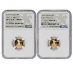 Set of 2 2021-W $5 Gold Eagles T1 & T2 NGC PF70UCAM 35th Anniv. Label