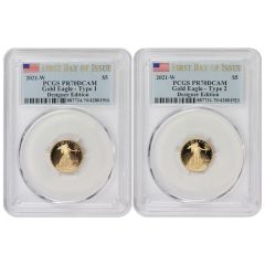 Set of 2 2021-W $5 Gold Eagles T1 & T2 Designer Edition PCGS PR70DCAM FDOI Flag Label