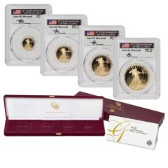 Set of 4 2021-W Gold Eagles T1 PCGS PR70DCAM FDOI Mercanti Label w/ OGP