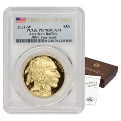2021-W $50 Gold Buffalo PCGS PR70DCAM FDOI Flag Label w/ OGP
