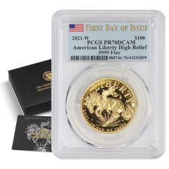 2021-W $100 Gold High Relief Liberty PCGS PR70DCAM FDOI Flag Obverse