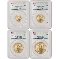 Set of 4 2022 Gold Eagles PCGS MS70 FDOI Flag Obverse