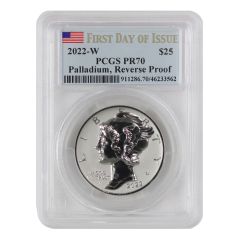 2022-W $25 Rev PR Palladium Eagle PCGS PR70 FDOI Flag Label OGP Obverse
