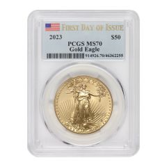 2023 $50 Gold Eagle PCGS MS70 FDOI Flag Label Obverse
