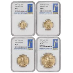 Set of 4 2023 Gold Eagle NGC MS70 FDOI 1st Label