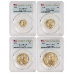 Set of 4 2023 Gold Eagles PCGS MS70 FDOI Flag Label Obverse