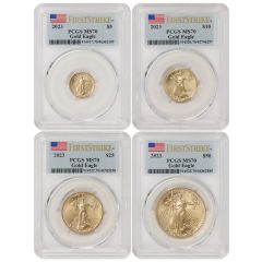 Set of 4 2023 Gold Eagles PCGS MS70 FS Flag Label Obverse