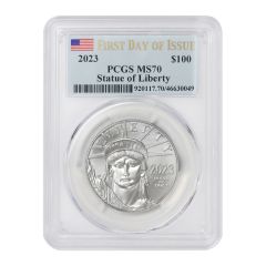 2023 $100 Platinum Eagle PCGS MS70 FDOI Flag Label Obverse

