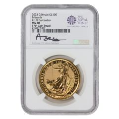 Great Britain 2023 £100 Gold KCIII Coronation NGC MS70 57th Coin Struck Jessopp Label Obverse