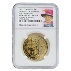 Great Britain 2023 1 oz Gold Britannia Queen NGC Gem Unc. FDOI