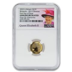 Great Britain 2023 1/10 oz Gold Britannia Queen NGC Gem Unc. FDOI