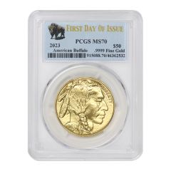 2023 $50 Gold Buffalo PCGS MS70 FDOI Bison Label Obverse