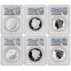 Set of 6 2023 $1 Silver Morgan & Peace PCGS MS70, PR70DCAM, PR70 FDOI w/ OGP Obverse