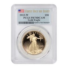 2023-W $50 Gold Eagle PCGS PR70DCAM FDOI Flag Label w/ OGP Obverse
