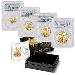 PRE-ORDER Set of 4 2023-W Gold Eagles PCGS PR70DCAM FDOI Flag Label w/ OGP