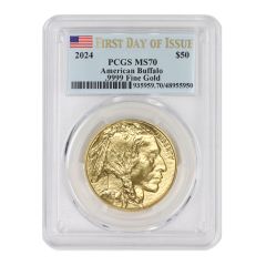 2024 $50 Gold Buffalo PCGS MS70 FDOI Flag Label Obverse