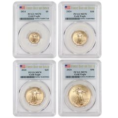 Set of 4 2024 Gold Eagles PCGS MS70 FDOI w/Flag Label Obverse