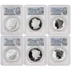 US $1 Silver Morgan & Peace 2024 MS70, PR70DCAM, PR70 6 Coin Set First Day of Issue w/ OGP Obverse