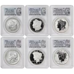 US $1 Silver Morgan & Peace 2024 PCGS MS70, PR70DCAM, PR70 6 Coin Set Advanced Release w/ OGP Obverse