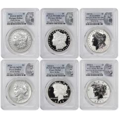 US $1 Silver Morgan & Peace 2024 MS70, PR70DCAM, PR70 First Strike 6 Coin Set w/ OGP Obverse