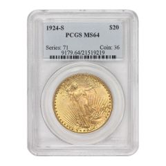 1924-S $20 Gold Saint Gaudens PCGS MS64 Obverse
