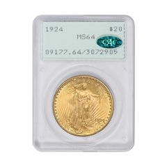 1924 $20 Gold Saint Gaudens PCGS MS64 Rattler CAC Obverse