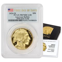 2024-W $50 Gold Buffalo PCGS PR70DCAM FDOI Flag Label OGP Obverse