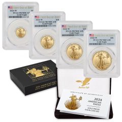 US Gold Eagles 2024-W PCGS PR70DCAM 4 Coin Set First Day of Issue Flag Label w/ OGP 