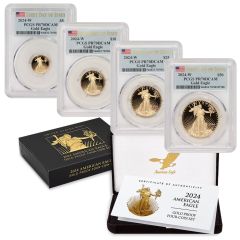 Set of 4 2024-W Gold Eagles PCGS PR70DCAM FDOI Flag Label w/ OGP 