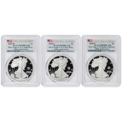 Set of 3 2025 $1 Silver Eagles Army, Navy, & Marine Corps 250th Anniv. PCGS PR70DCAM FDOI Flag Label w/OGP