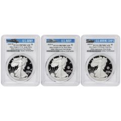 Set of 3 2025 $1 Silver Eagles Army, Navy, & Marine Corps 250th Anniv. PCGS PR70DCAM FS Military Label w/OGP