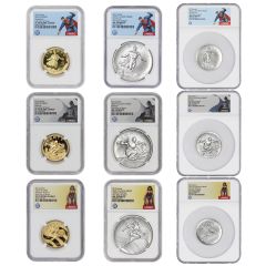 Set of 9 2025 Gold Superman, Batman, Wonder Woman & Silver Medals NGC PF70UCAM & MS70 FDOI DC Label w/ OGP