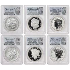 Set of 6 2025 $1 Silver Morgan & Peace PCGS MS70, PR70DCAM, PR70 AR w/ OGP