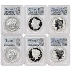 Set of 6 2025 $1 Silver Morgan & Peace PCGS MS70, PR70DCAM, PR70 FDOI w/ OGP