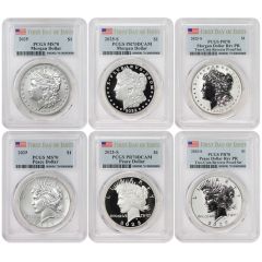 Set of 6 2025 $1 Silver Morgan & Peace PCGS MS70, PR70DCAM, PR70 FDOI Flag w/ OGP