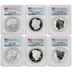 Set of 6 2025 $1 Silver Morgan & Peace PCGS MS70, PR70DCAM, PR70 FS Flag w/ OGP