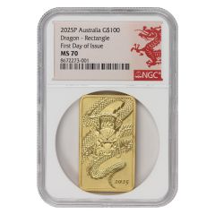 FULLFILLED IN HOUSE - Australia 2025 1oz Gold Dragon Bar NGC MS70 FDOI Lunar Label