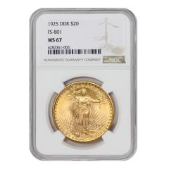 1925 $20 Gold Saint Gaudens NGC MS67 DDR Reverse