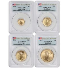 Set of 4 2026 Gold Eagles PCGS MS70 FDOI Flag Label