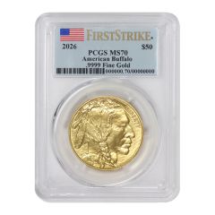 PRE-ORDER 2026 $50 Gold Buffalo PCGS MS70 FS Flag Label