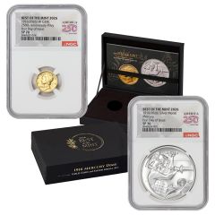 Set of 2 1916 (2026) 10C Gold Mercury Dime and Silver Medal BoTM NGC SP70 FDOI 250th Label w/ OGP