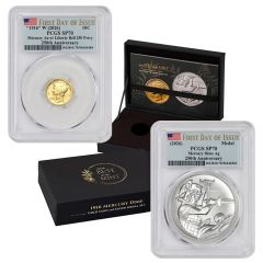 Set of 2 1916 (2026) 10c Gold Mercury Dime & Silver Medal PCGS SP70 FDOI Flag w/ OGP