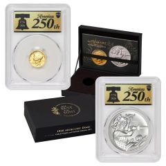 Set of 2 1916 (2026) 10C Gold Mercury Dime and Silver Medal BoTM PCGS SP70 FDOI 250th Label w/ OGP